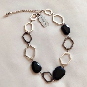 NWT Chico's Necklace Black Acrylic Beads Shiny Silvertone Chain and Beads